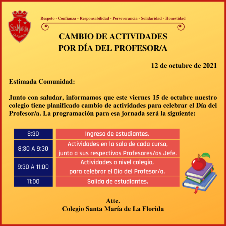 Cambio de Actividades Día del Profesor a Colegio Santa María de La